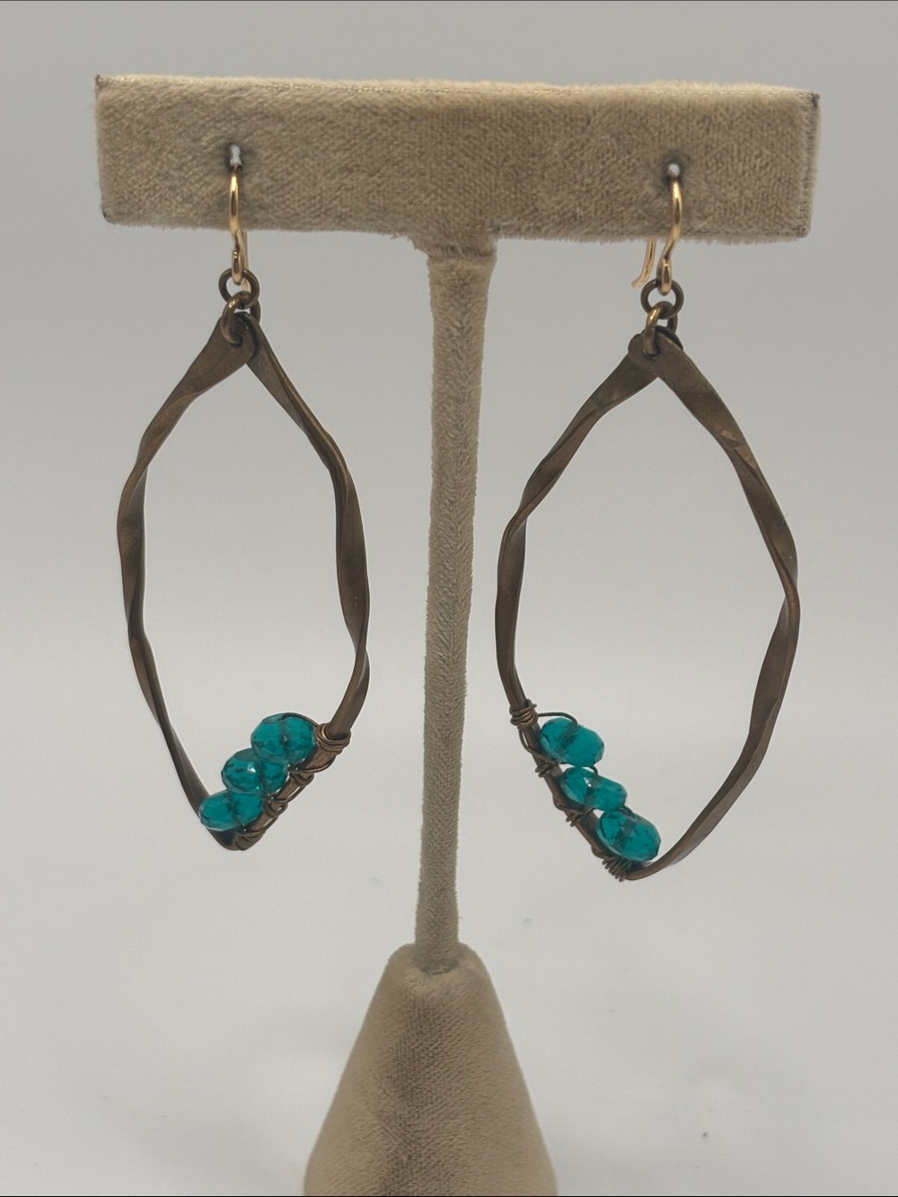 Bronze-Tone Twisted Oval Dangle Earrings Turquoise-Color Beads